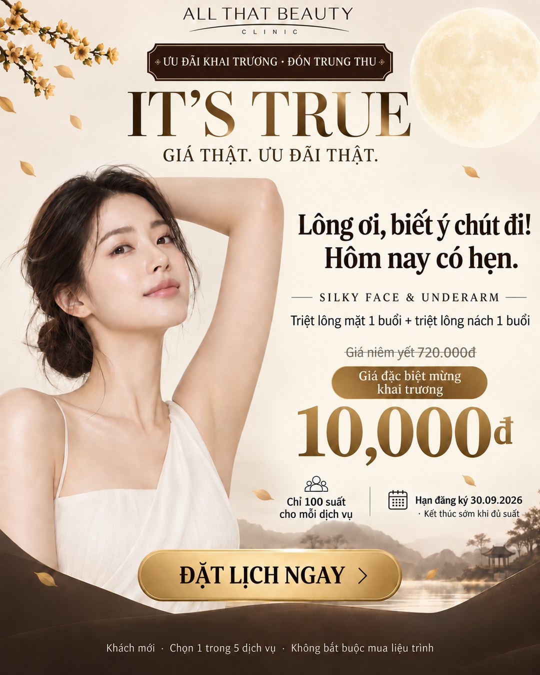 SILKY FACE & UNDERARM — Triệt lông mặt 1 buổi + triệt lông nách 1 buổi — 10.000₫